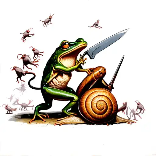 Frog Fighting A Snail With Knife Surrounded By Crowd Of Rats Chanting