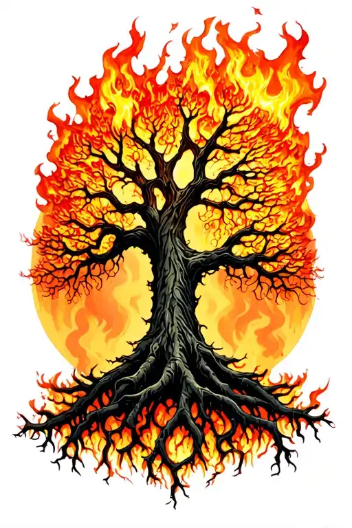 Yggdrasil Tree With Big Beautiful Branches On Fire With Interwoven Roots
