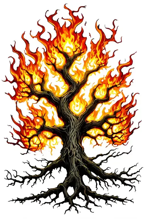 Yggdrasil Tree With Big Beautiful Branches On Fire With Interwoven Roots