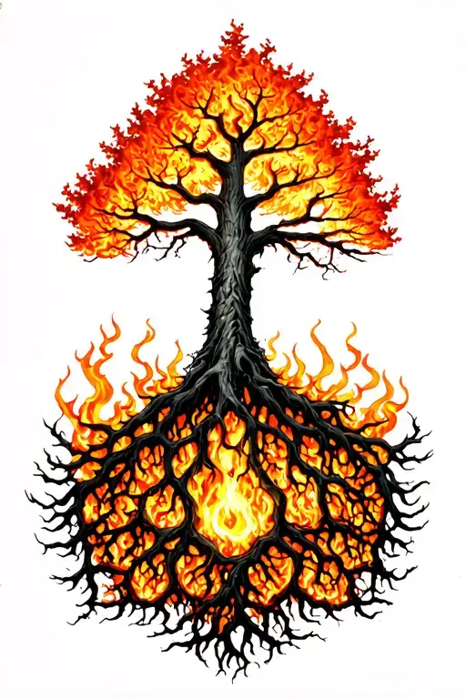 Yggdrasil Tree With Big Beautiful Branches On Fire With Interwoven Roots