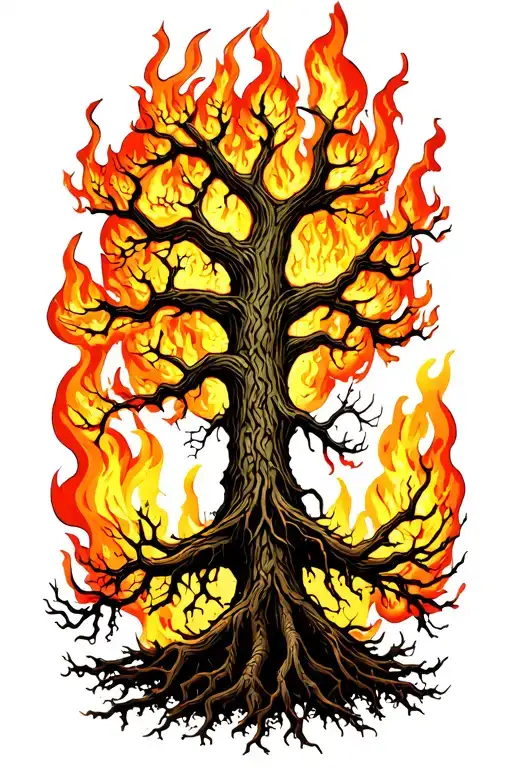 Yggdrasil Tree With Big Beautiful Branches On Fire With Interwoven Roots