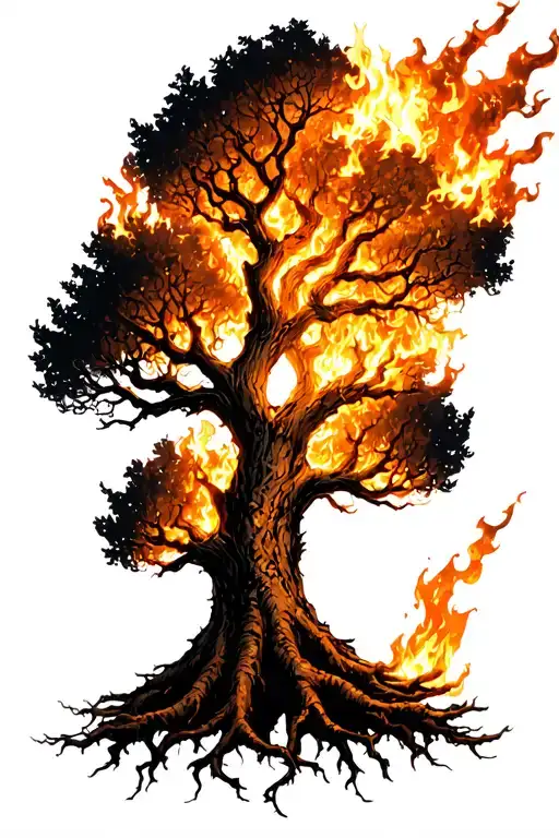 Yggdrasil Tree With Big Beautiful Branches On Fire With Interwoven Roots