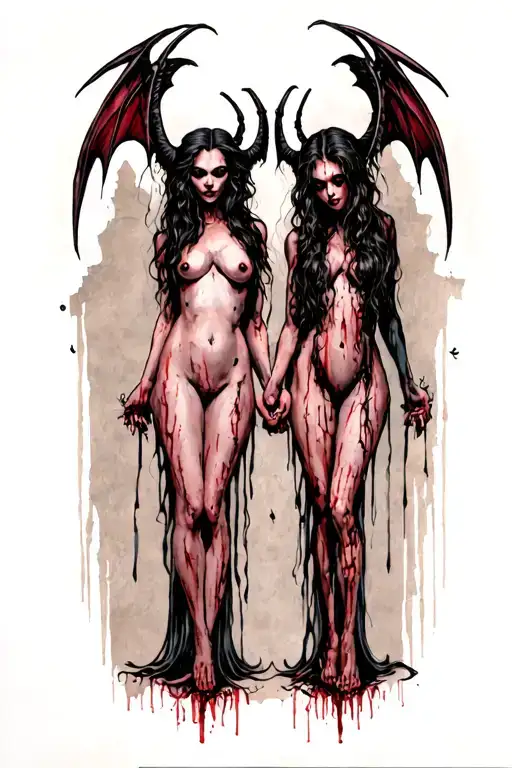 Gothic Nude Succubus Lesiban Couple Holding Hands