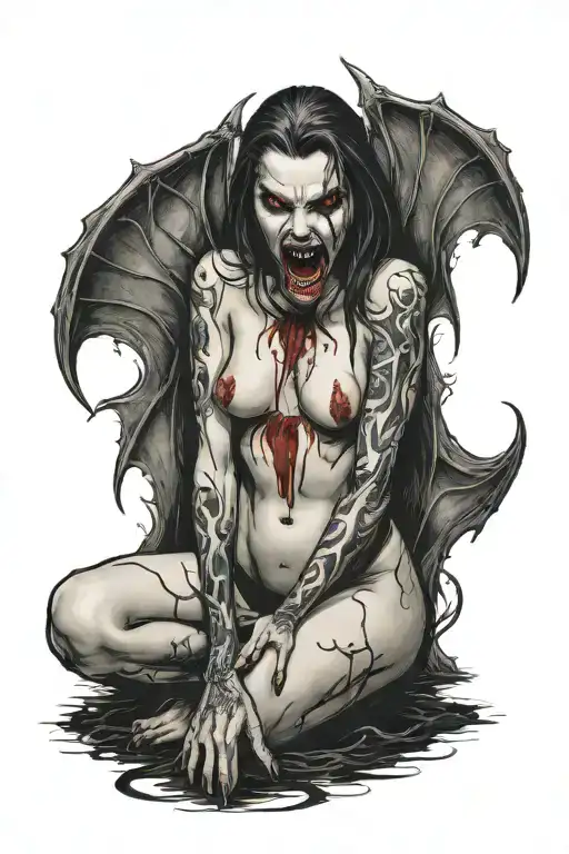 A Sexy Nude Female Vampire On Her Knees Showing Fangs