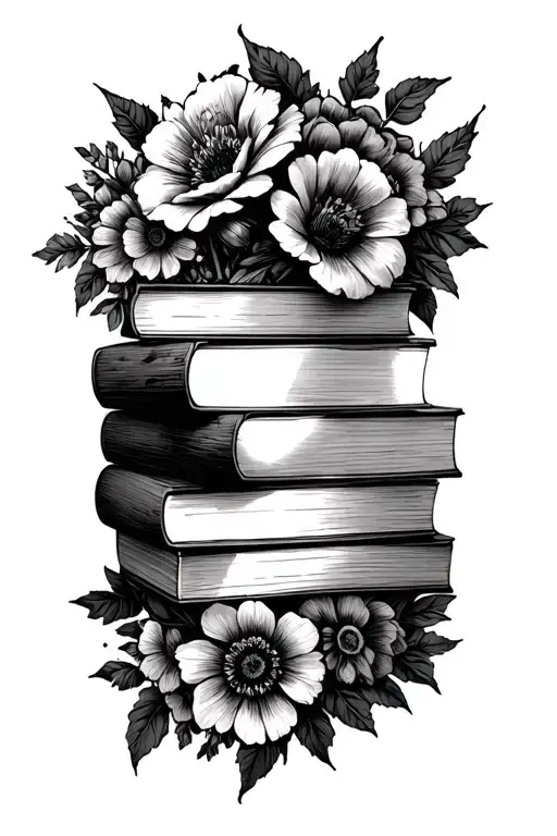 Stack Of Books Behind A Half Sleeve Of Flowers