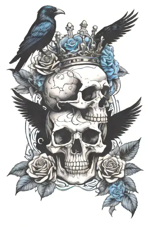 Skull Wearing Crown With Raven On Headand Blue Roses Intertwined