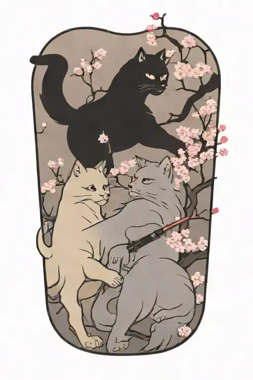 Two Samurai Warrior Cats Fighting Stance Surrounded By Cherry Blossoms