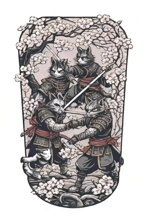 Two Samurai Warrior Cats Fighting Stance Surrounded By Cherry Blossoms