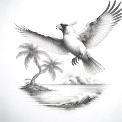 Flying Cardinal To The Ocean And Palm Tree With Big Wave