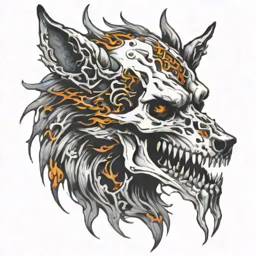 A Hell Hound Wolf Skull Fire