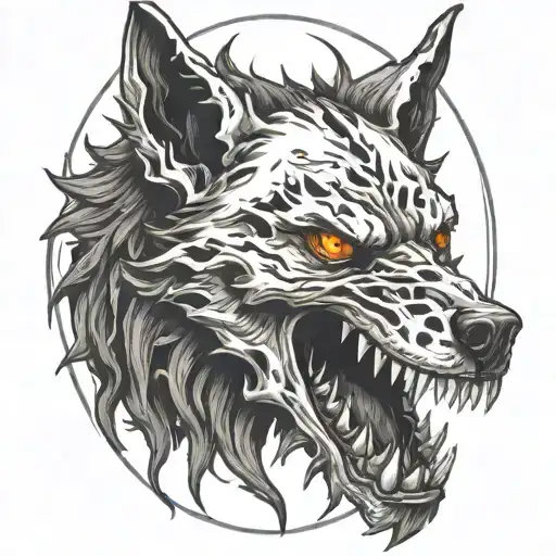 A Hell Hound Wolf Skull Fire
