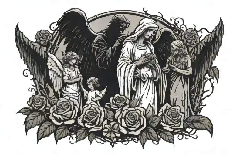 Family Silhouette With Roses And Angel