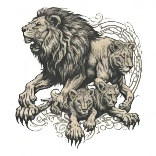 Lion Protecting His Cub And Cub Stepping Into Fathers Paw Print