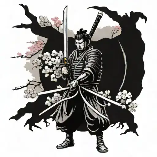 Ronin Samurai Holding Katana Sword One Hand Surrounded By The Sakura Tree