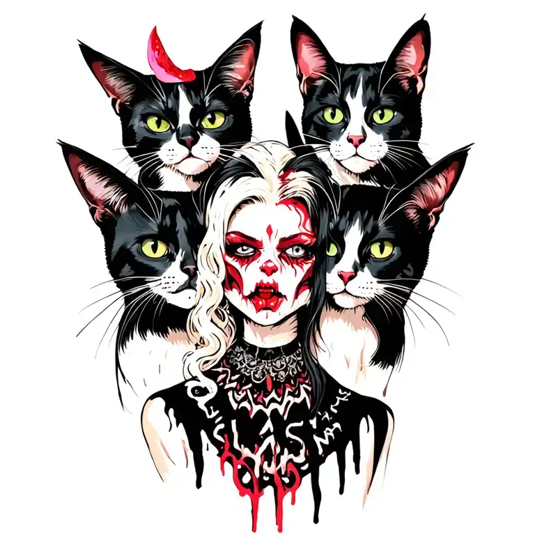 Woman Punk With Gang Of Cats