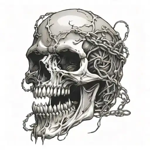 A Skull With Fangs Wraped In Barb Wire