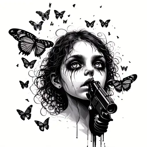 Girl Shilloette With Gun Pointed At Her Head Then Transforma Into Butterflies