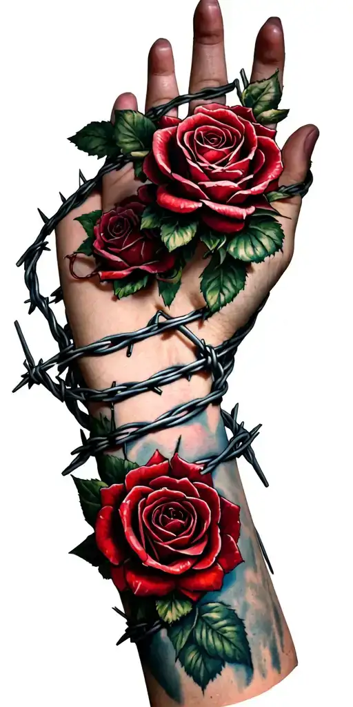 Barbed Wire And Roses Entwined