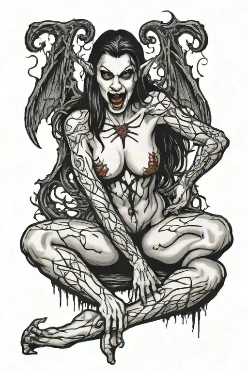 A Sexy Nude Female Vampire On Her Knees Showing Fangs
