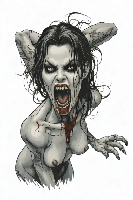 A Sexy Nude Female Vampire On Her Knees Showing Fangs