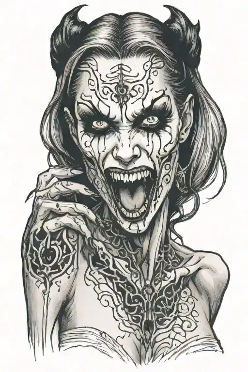 A Sexy Nude Female Vampire Posing And Showing Fangs