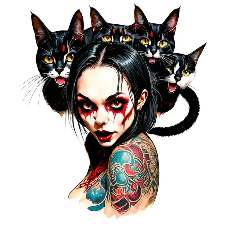 Woman Punk With Gang Of Cats