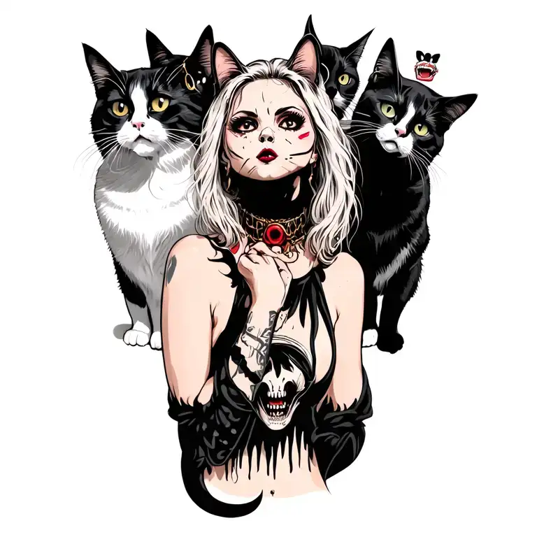 Woman Punk With Gang Of Cats