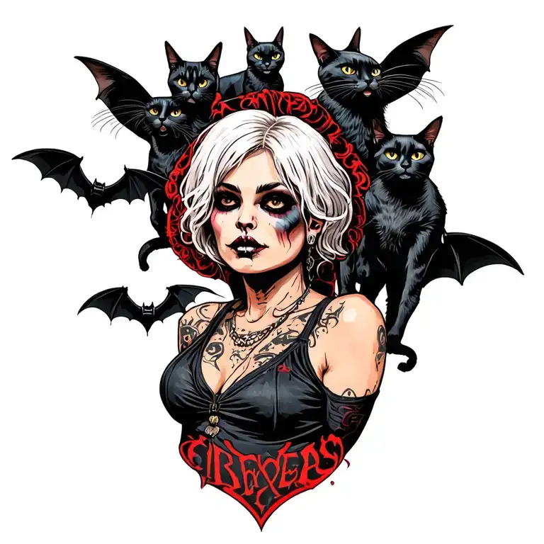 Woman Punk With Gang Of Cats And Bats