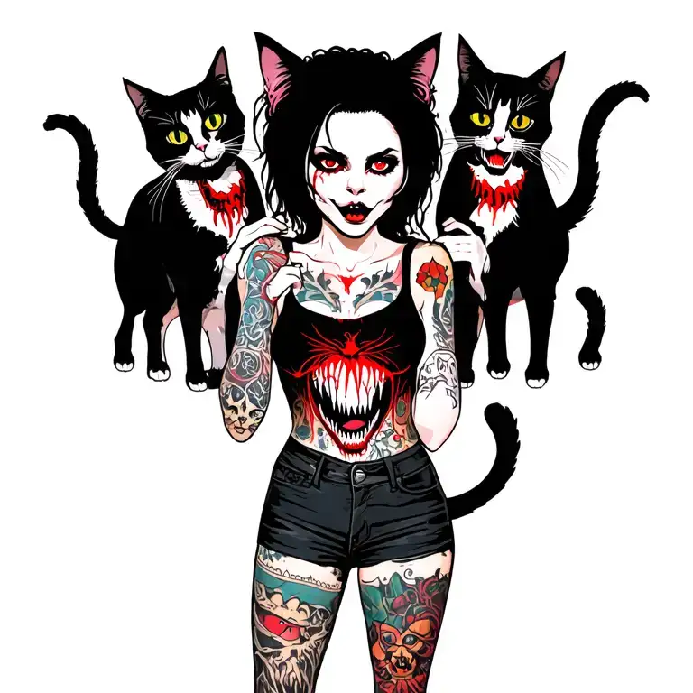 Woman Punk With Gang Of Cats