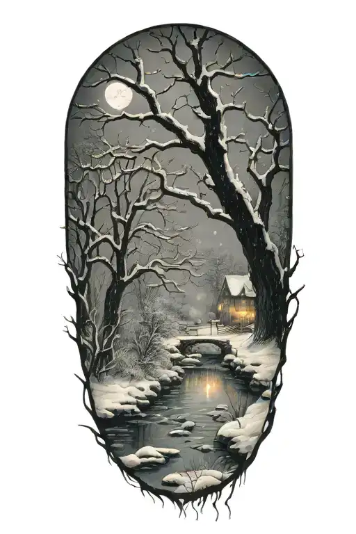 Snow Storm At Night By A Creek