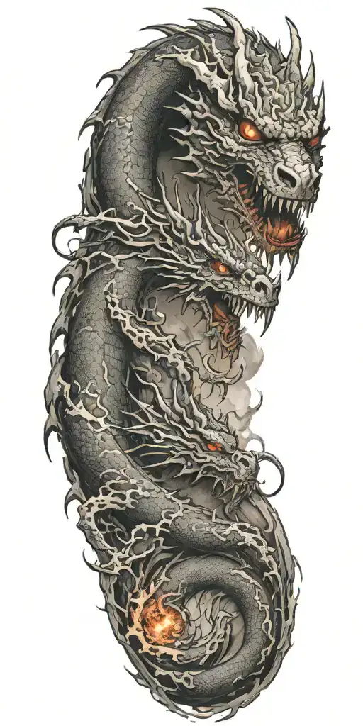 Dragon With Magma And Vulcano Mountain Storm