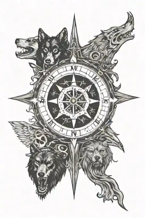 Viking Compass With Wolf Pack And Skulls Black And White