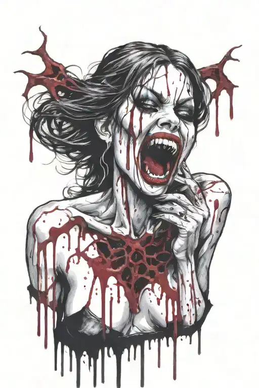 Gothic Black Metal Nude Female Vampire With Fangs Surrounded By Blood Splatter