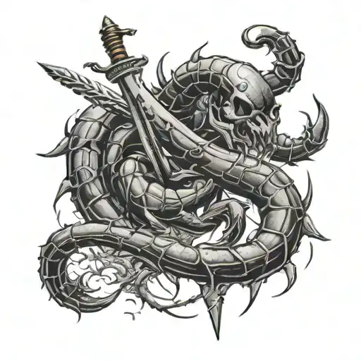 Scorpion Intertwined With Sword Black And White