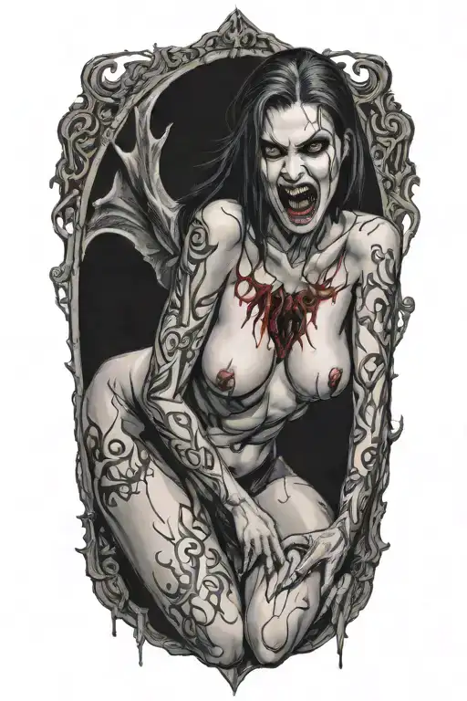 Seductive Nude Female Vampire On Her Knees Showing Fangs