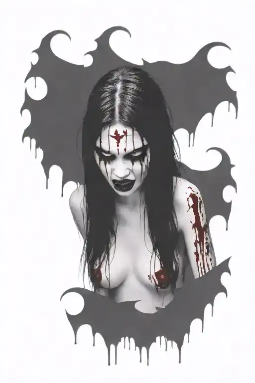 Gothic Black Metal Nude Female Vampire With Fangs Surrounded By Blood Splatter