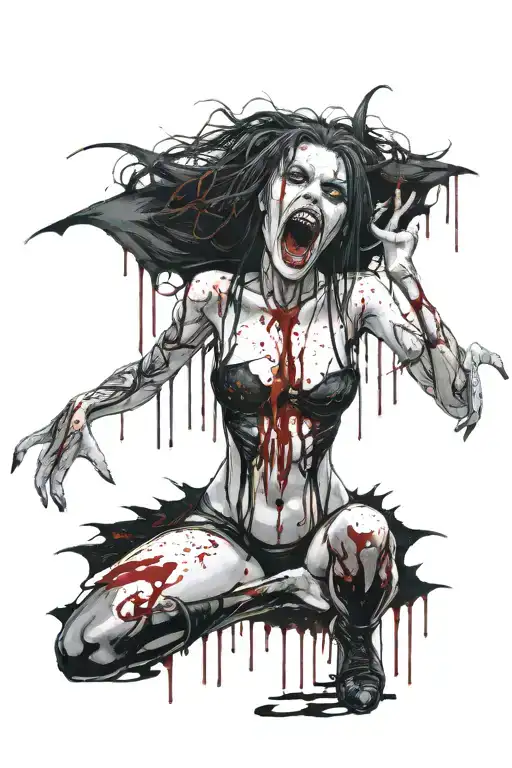 Gothic Black Metal Nude Female Vampire With Fangs Surrounded By Blood Splatter