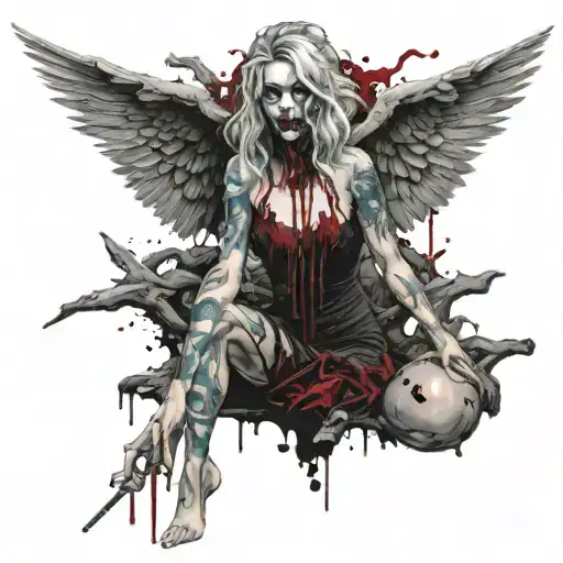 Sexy Angel Evil Facial Expression Torn Dress Covered In Blood Smoking A Cigarette Full Body View