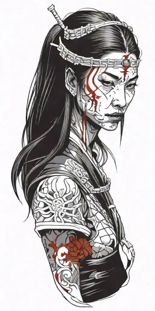 Half Body Samurai Woman With Blood On Her Face