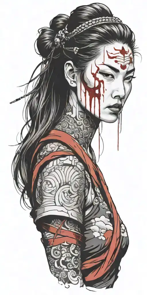Half Body Samurai Woman With Blood On Her Face