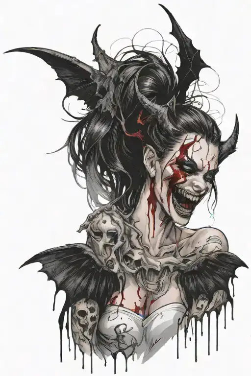 A Sexy Demonic Girl With Black Wings Grinning With Blood Coming From Her Mouth