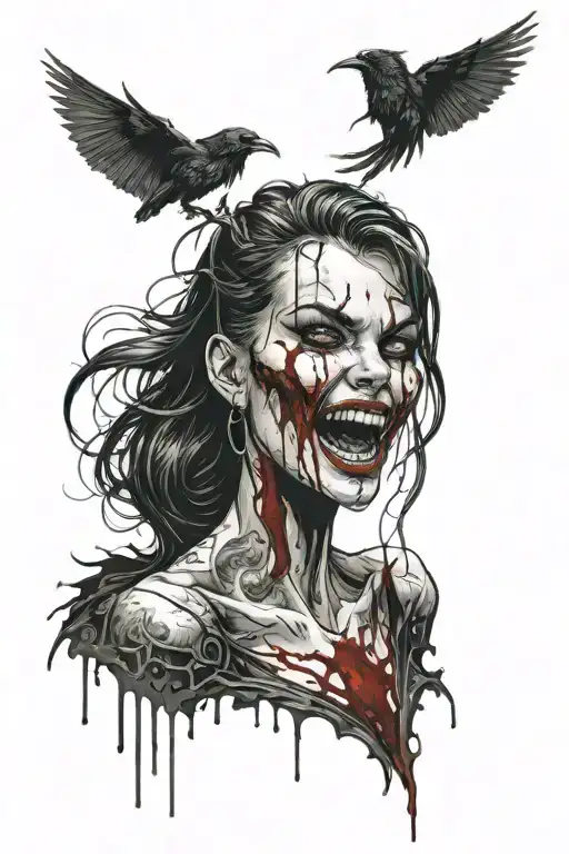 A Sexy Demonic Girl With Two Black Wings And Grinning With Blood Streaming From Her Mouth