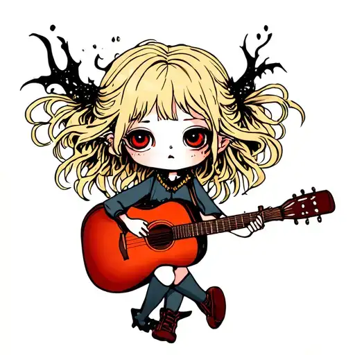 Blonde Chibi Girl With Messy Hair Playing Acoustic Guitar
