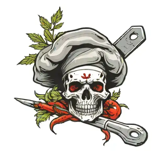 Chef Hat With Weeds And Red Chili And Skull Black Ang Gray With Knife Background Vegerables
