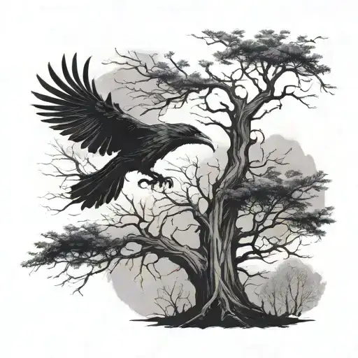 Tree And Raven With Outstretched Wings