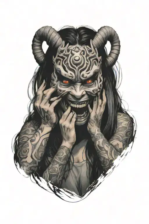 Woman Removing An Oni Mask