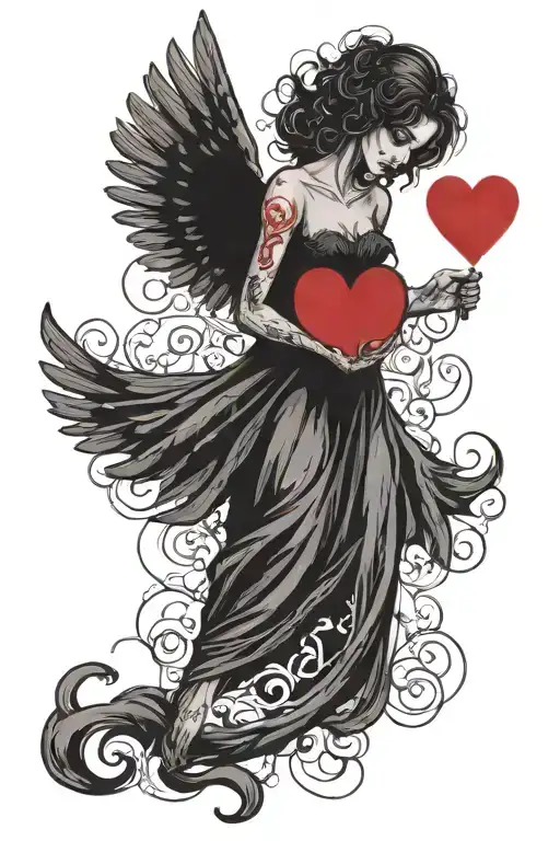 Black Angel With Red Heart