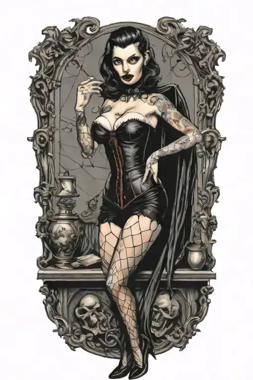 Male Vampire Bitting Gothic Pinup Girl Whom Is Wearing A Corset And Fishnet Leggings