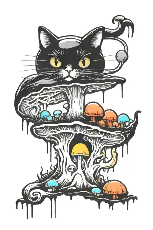 Melting Colorful Mushroom Black Cat With Moon