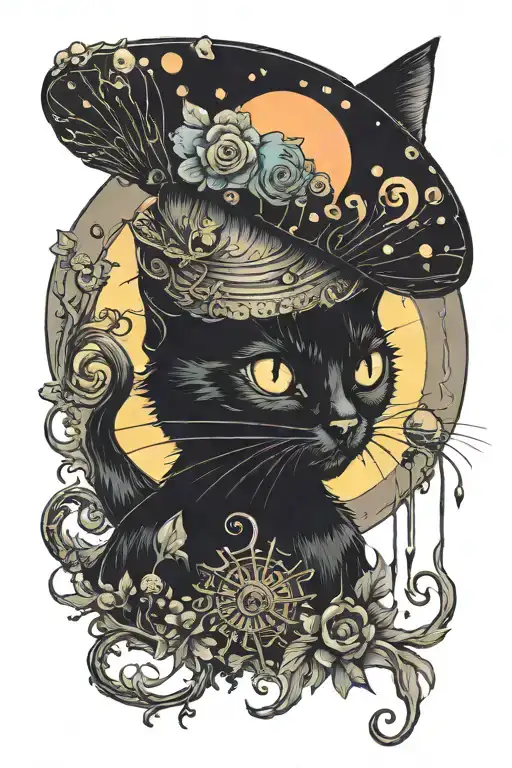Colorful Mushroom Black Cat With Sun And Moon